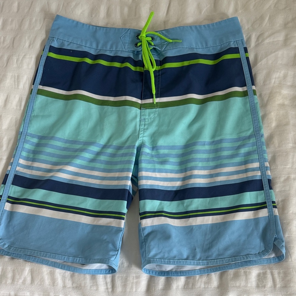 Vineyard Vines Boys Aqua and Navy Striped Swim Trunks with Lime Drawstring